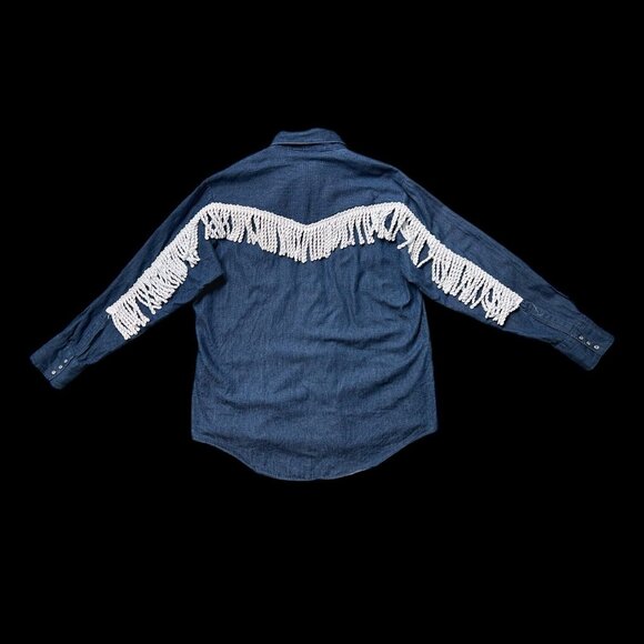 70s vintage fringe denim shirt pointed collar Bar B Western Wear snap button. - Picture 6 of 11